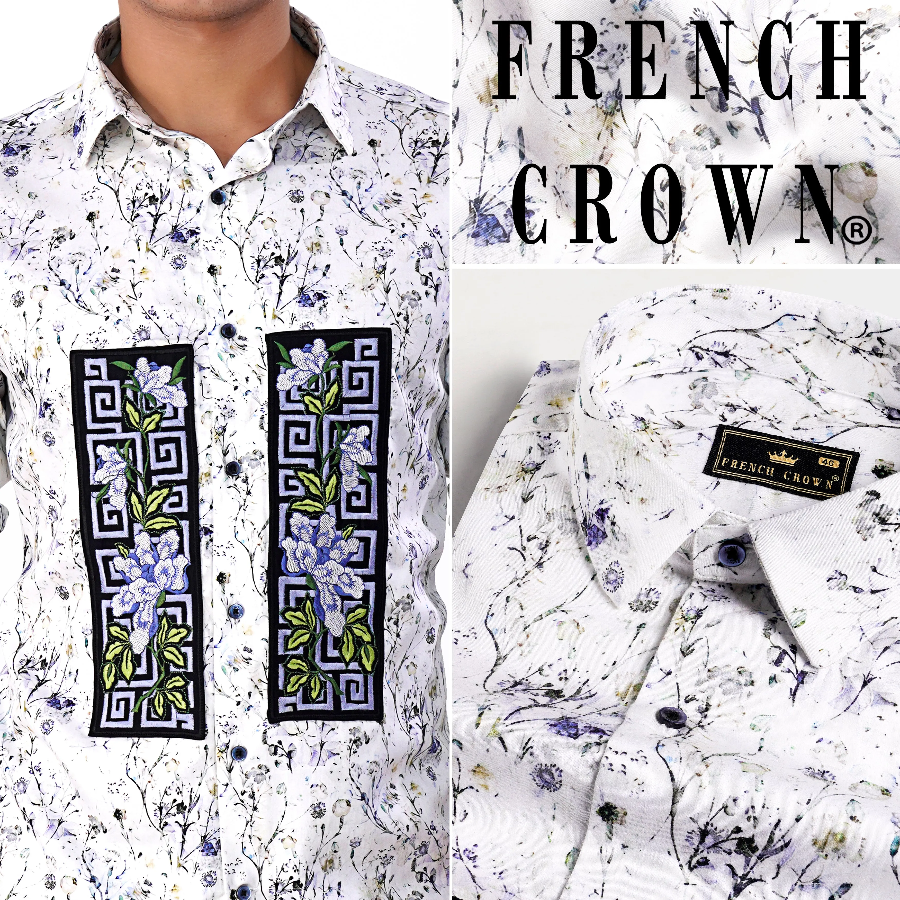 Bright White Multicolour Printed with Patchwork Super Soft Premium Cotton Designer Shirt sold by French Crown