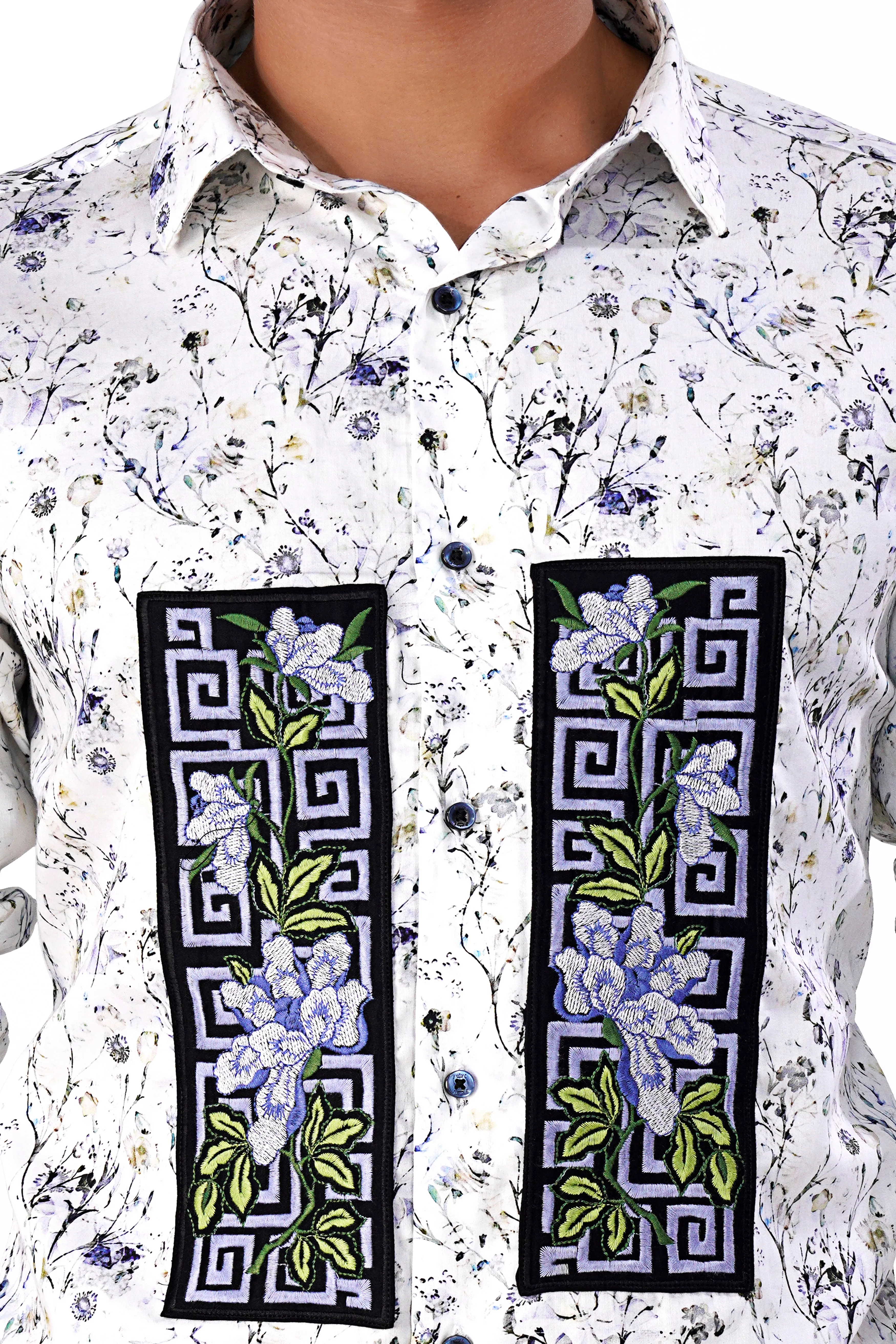 Bright White Multicolour Printed with Patchwork Super Soft Premium Cotton Designer Shirt sold by French Crown product image thumbnail 2