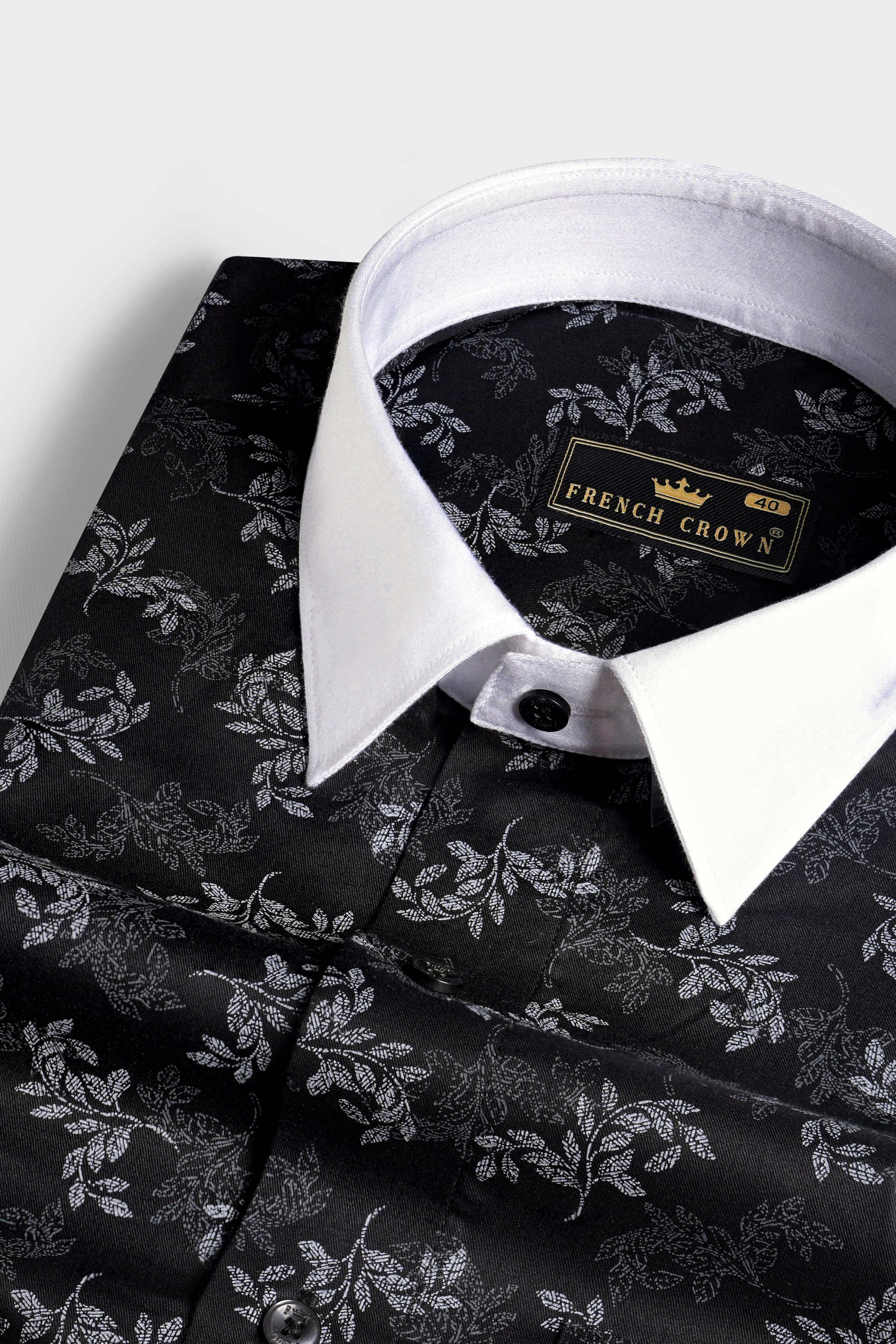 Jade Black with White Cuffs and Collar Leaves Printed Super Soft Premium Cotton Shirt sold by French Crown product image thumbnail 4