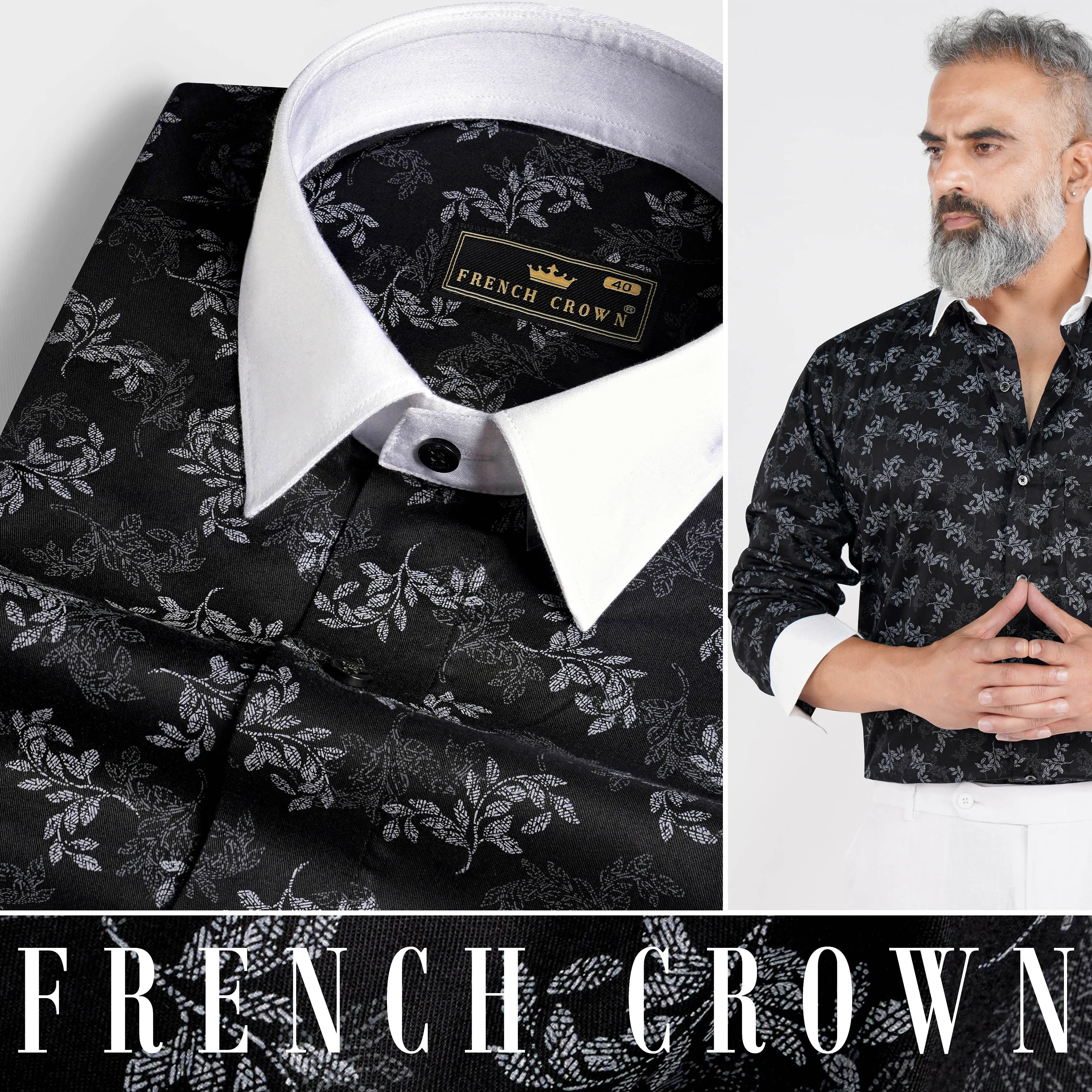 Jade Black with White Cuffs and Collar Leaves Printed Super Soft Premium Cotton Shirt sold by French Crown product image thumbnail 5