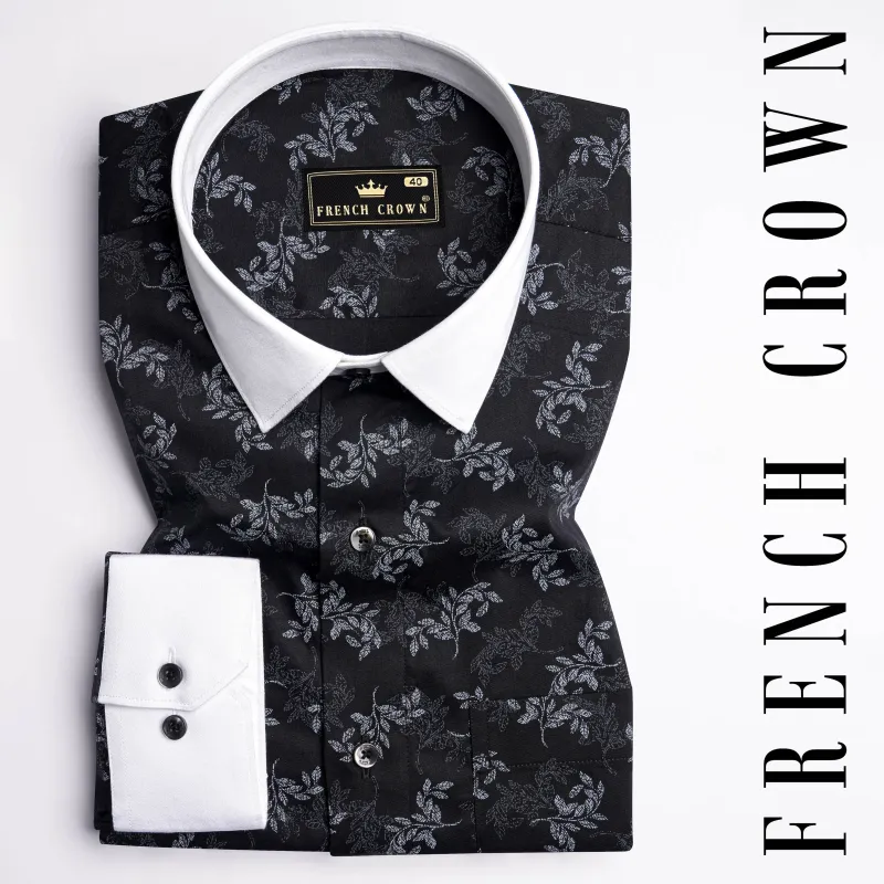 Jade Black with White Cuffs and Collar Leaves Printed Super Soft Premium Cotton Shirt sold by French Crown