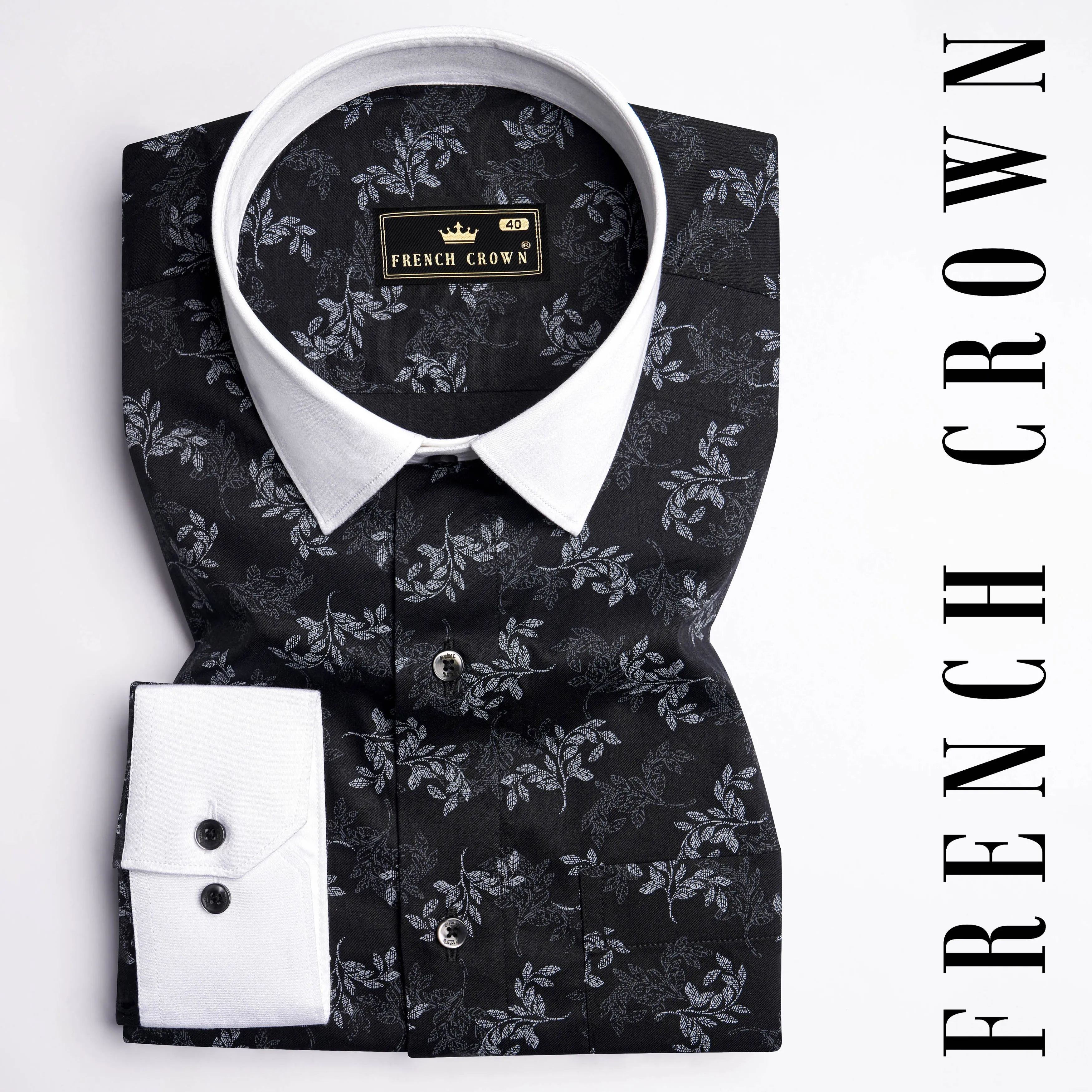 Jade Black with White Cuffs and Collar Leaves Printed Super Soft Premium Cotton Shirt sold by French Crown