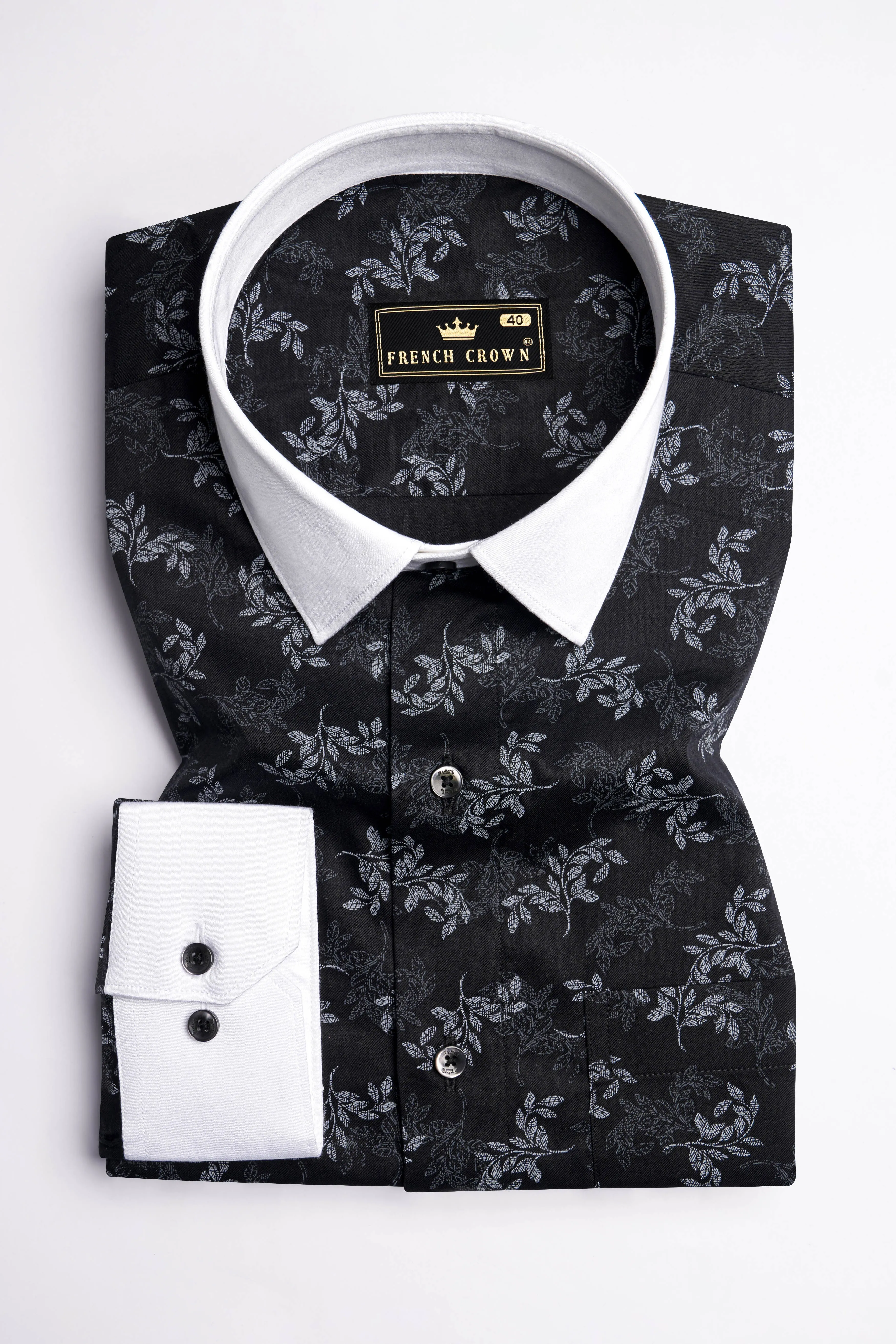 Jade Black with White Cuffs and Collar Leaves Printed Super Soft Premium Cotton Shirt sold by French Crown product image thumbnail 2