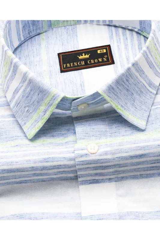 Bright White with Spindle Blue and Coriander Green Striped Premium Cotton Shirt sold by French Crown