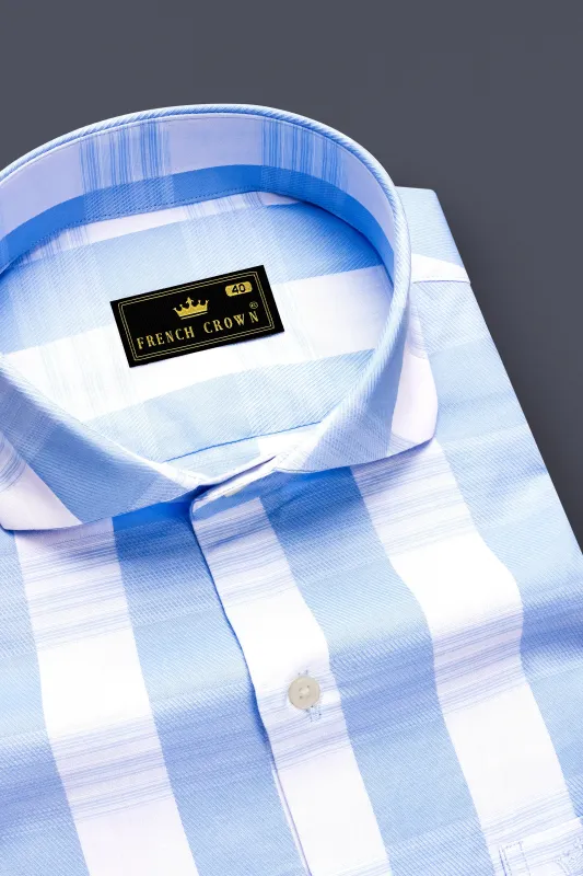 Skyline-Casper Blue And Bright White Awning Striped Jacquard Textured Premium Cotton Dress Shirt sold by French Crown