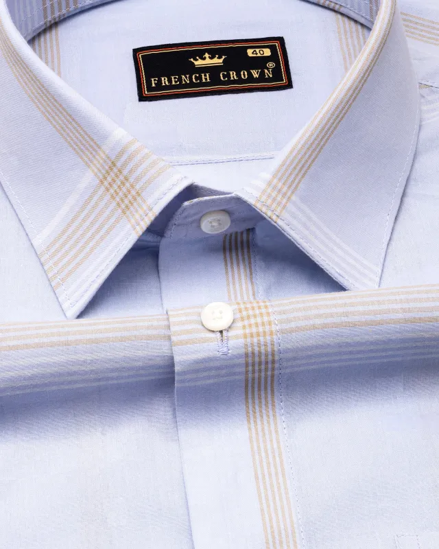 Geyser Blue with Turkey Brown Windowpane Premium Cotton Shirt sold by French Crown