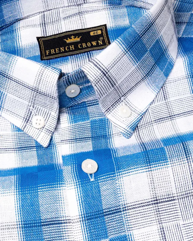 Bright White and Havelock Blue Plaid Twill Textured Premium Cotton Shirt sold by French Crown