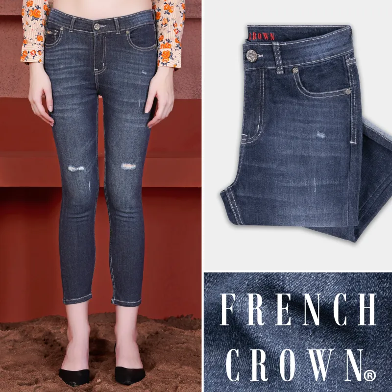 Women's Skinny Fit Mirage Blue Whiskering Wash Mildly Distressed Stretchable Denim sold by French Crown