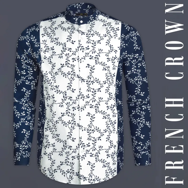 Bright White and Mirage Blue Leaves Printed Poplin Giza Cotton Shirt sold by French Crown