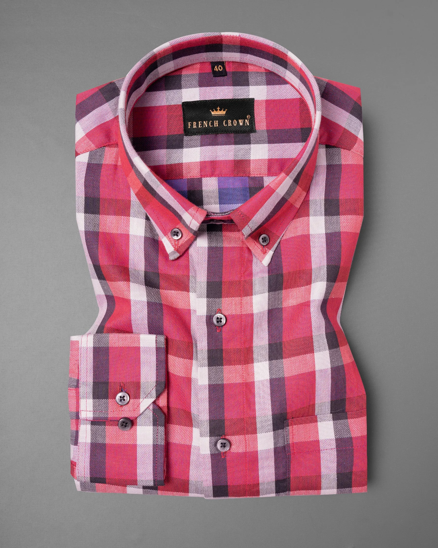 Pink with black Twill Subtle Plaid Premium Cotton Shirt sold by French Crown product image thumbnail 3