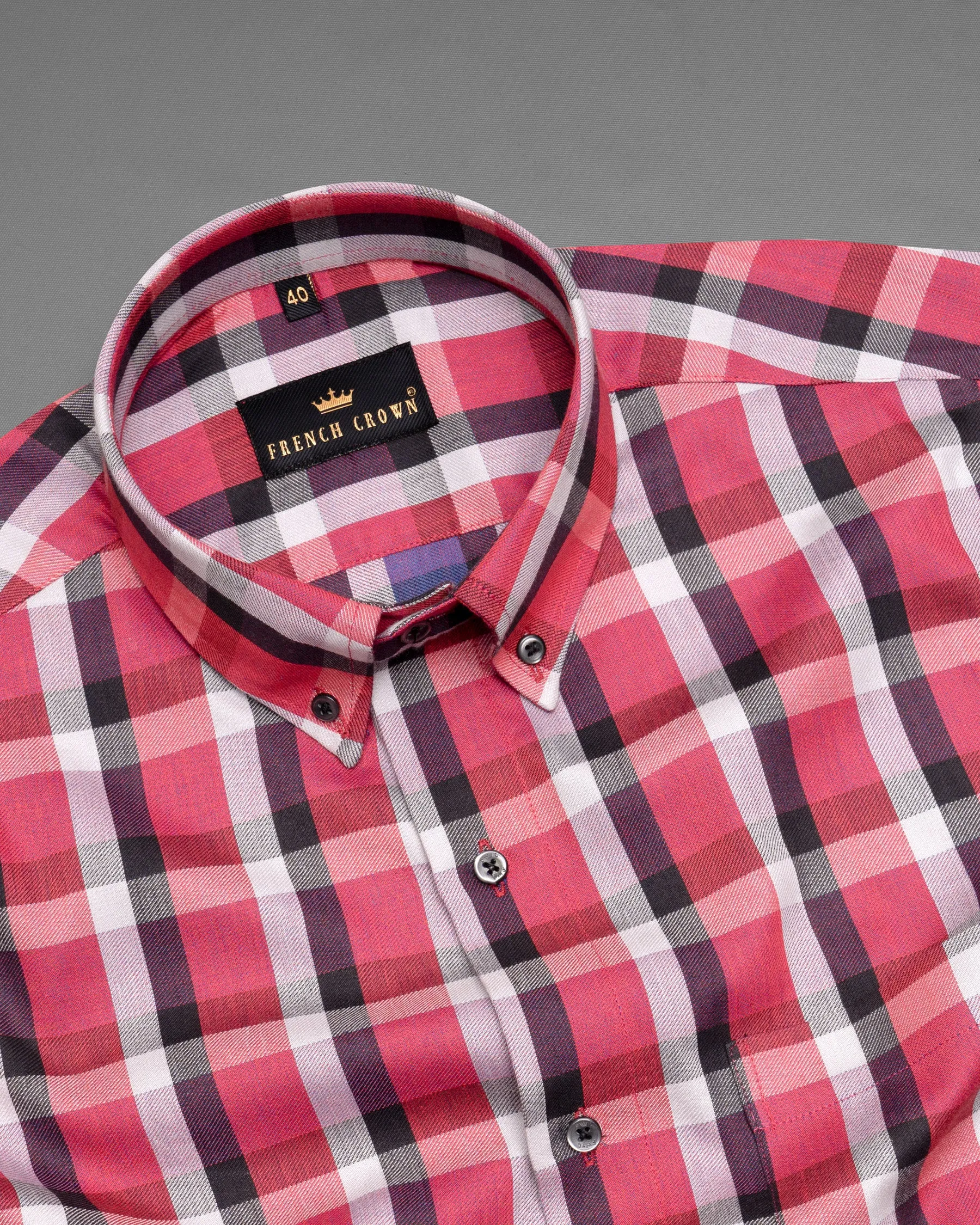 Pink with black Twill Subtle Plaid Premium Cotton Shirt sold by French Crown product image thumbnail 4
