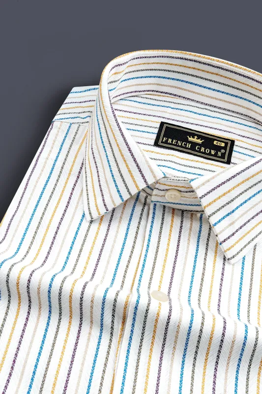 Bright White Multicolour Striped Herringbone Soft Cotton Shirt made by French Crown