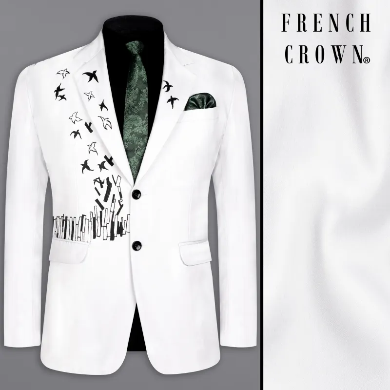 Bright White With Attractive Hand Painted Stretchable Single Breasted Designer Blazer sold by French Crown