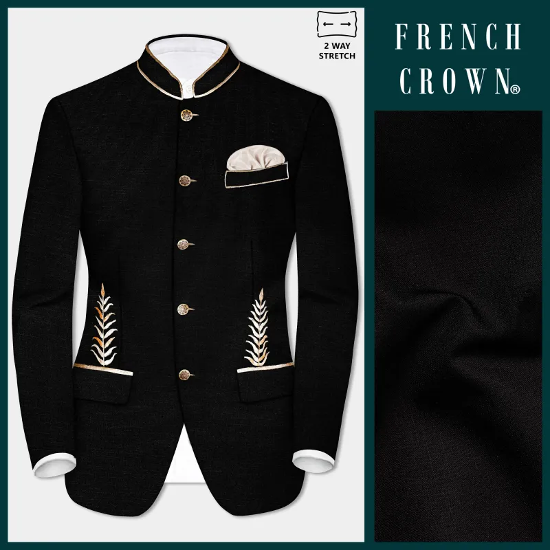 Jade Black Stretchable Leaves Hand Painted Bandhgala Designer Blazer made by French Crown