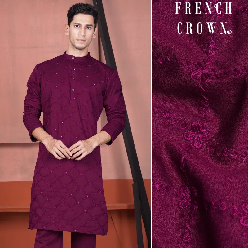 Bordeaux Wine Viscose Embroidered With Tikki Work Designer Kurta sold by French Crown