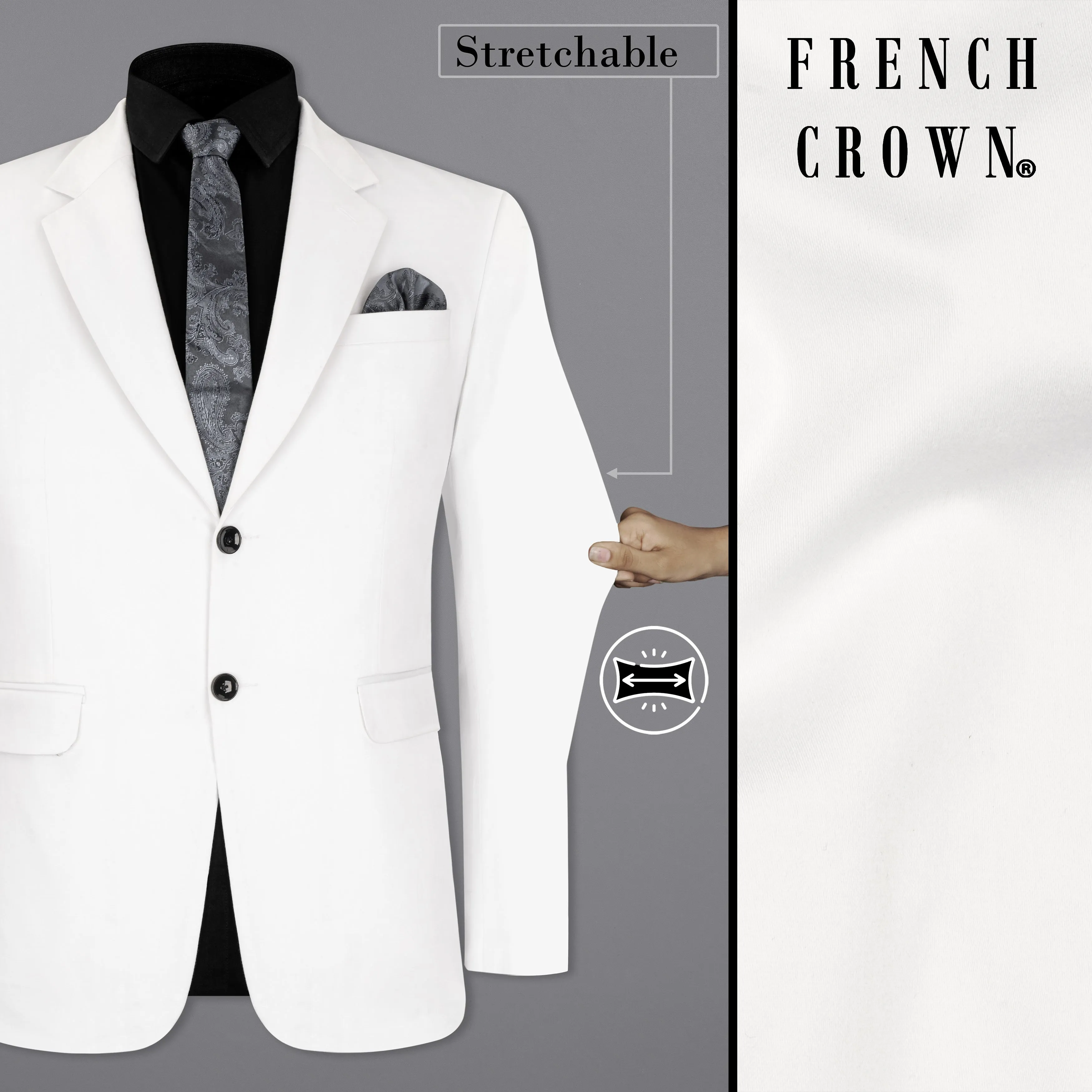Bright White Solid Stretchable Premium Cotton traveler Blazer sold by French Crown