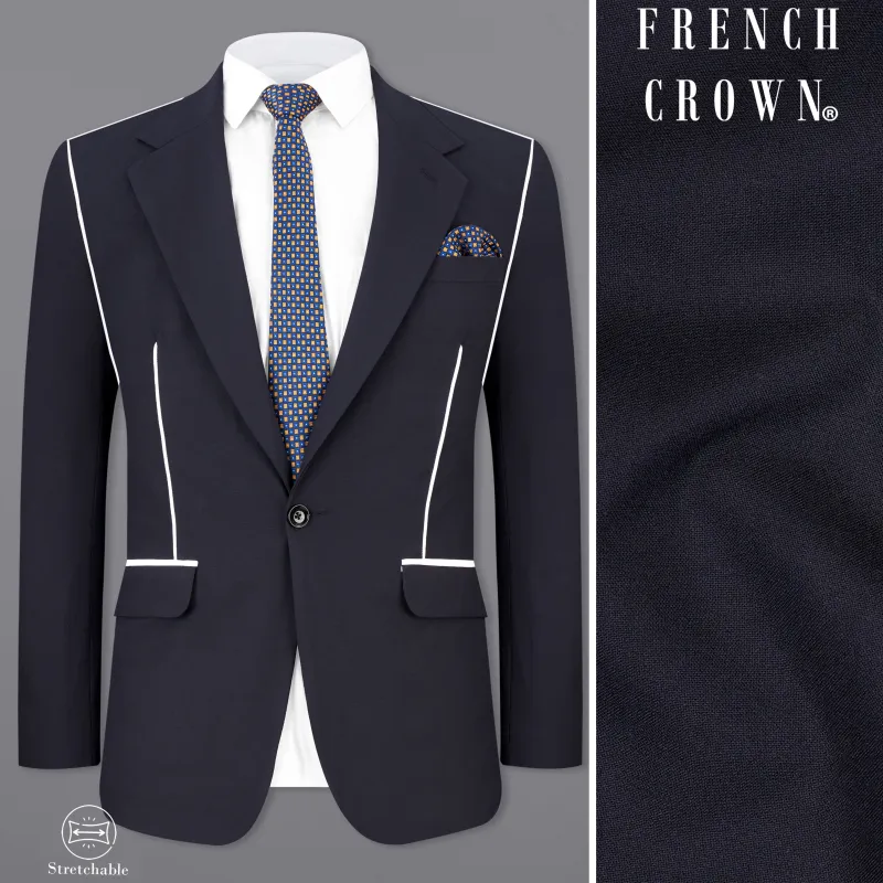 Thunder Blue with White Piping Work Single Breasted Stretchable Designer traveler Blazer sold by French Crown