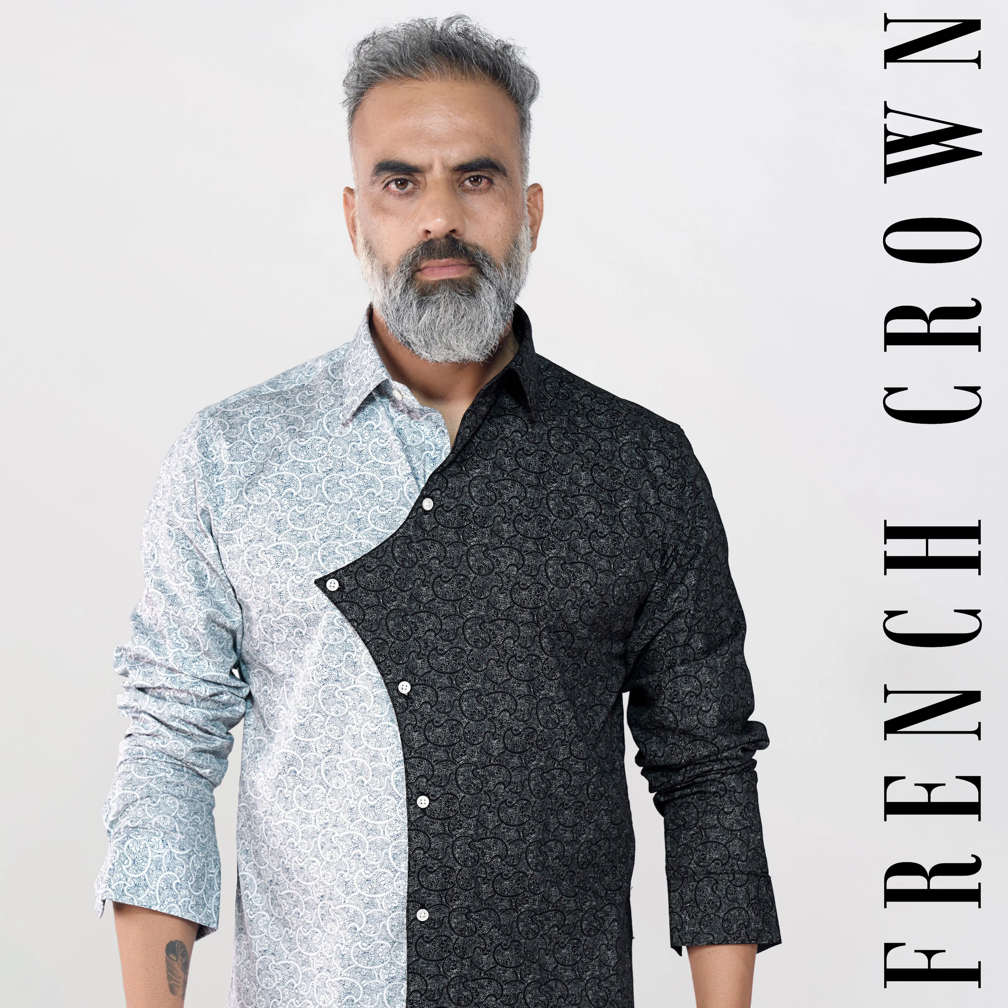 Half Lagoon Blue and Half Black Paisley Printed Super Soft Premium Cotton Designer Shirt sold by French Crown