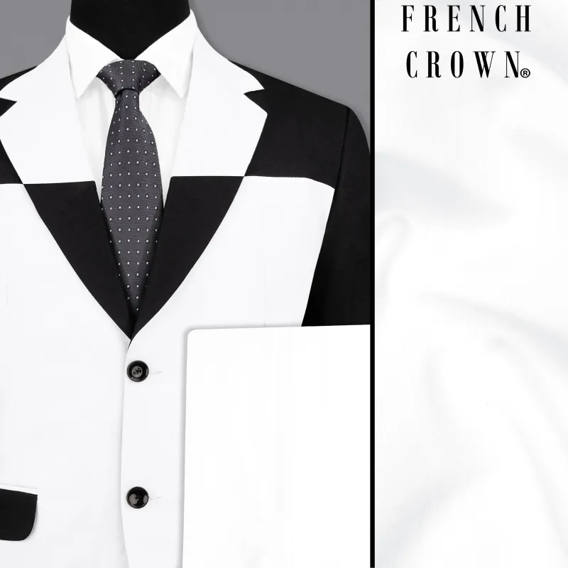 Bright White Stretchable Subtle Sheen and Black Single Breasted Designer Block Suit sold by French Crown