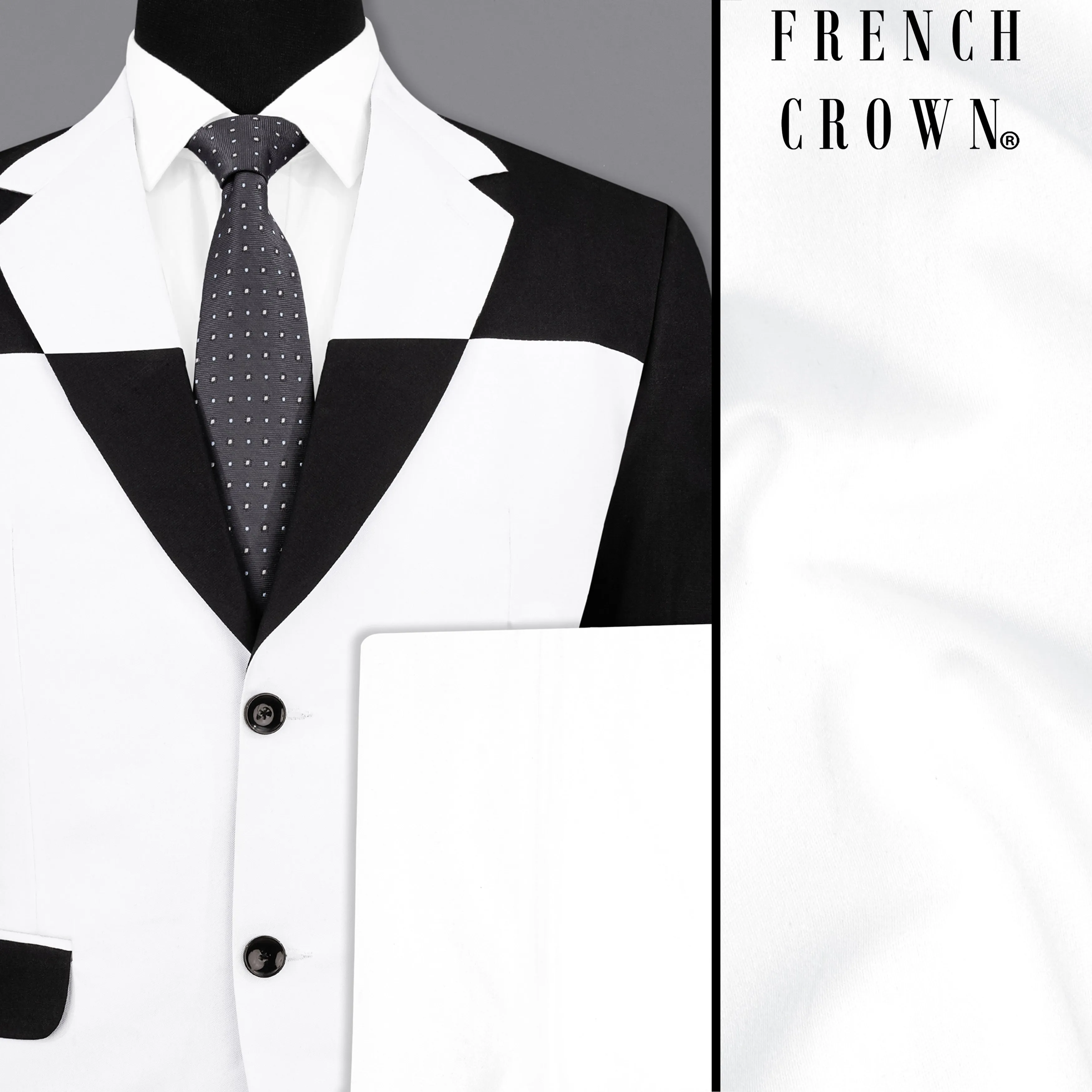 Bright White Stretchable Subtle Sheen and Black Single Breasted Designer Block Suit sold by French Crown