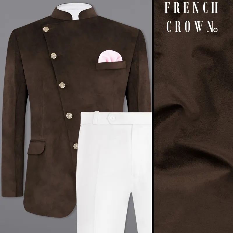 Bistre Brown Cross Placket Bandhgala Velvet Designer Suit sold by French Crown
