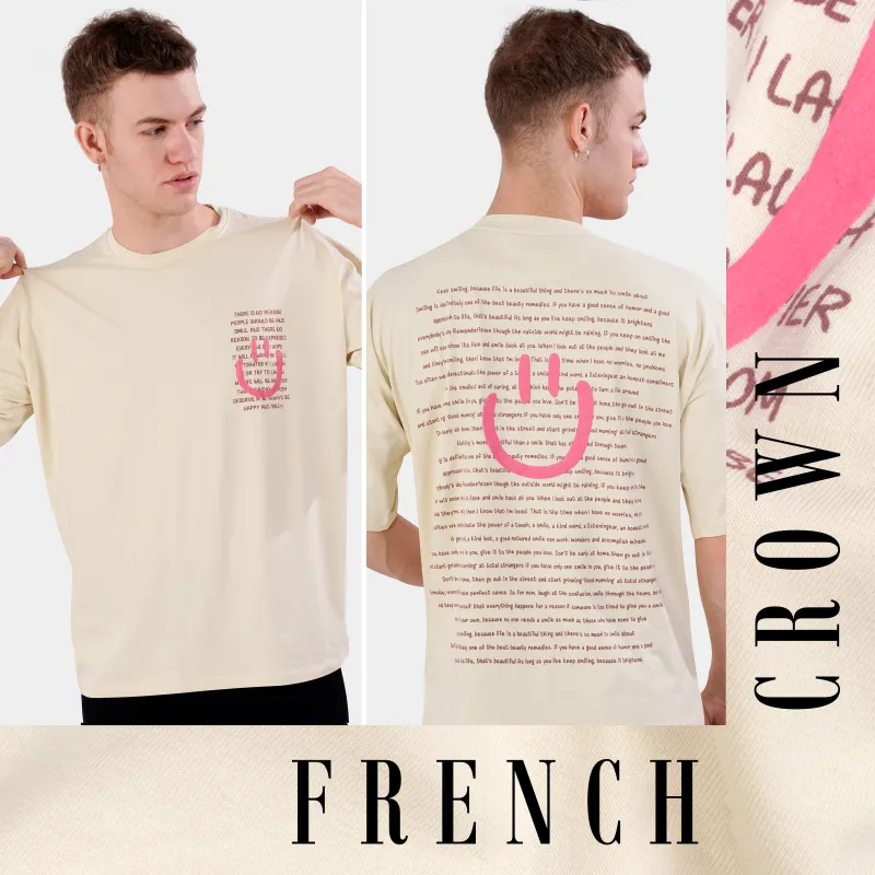 Almond Cream Printed Premium Cotton Oversized T-shirt sold by French Crown