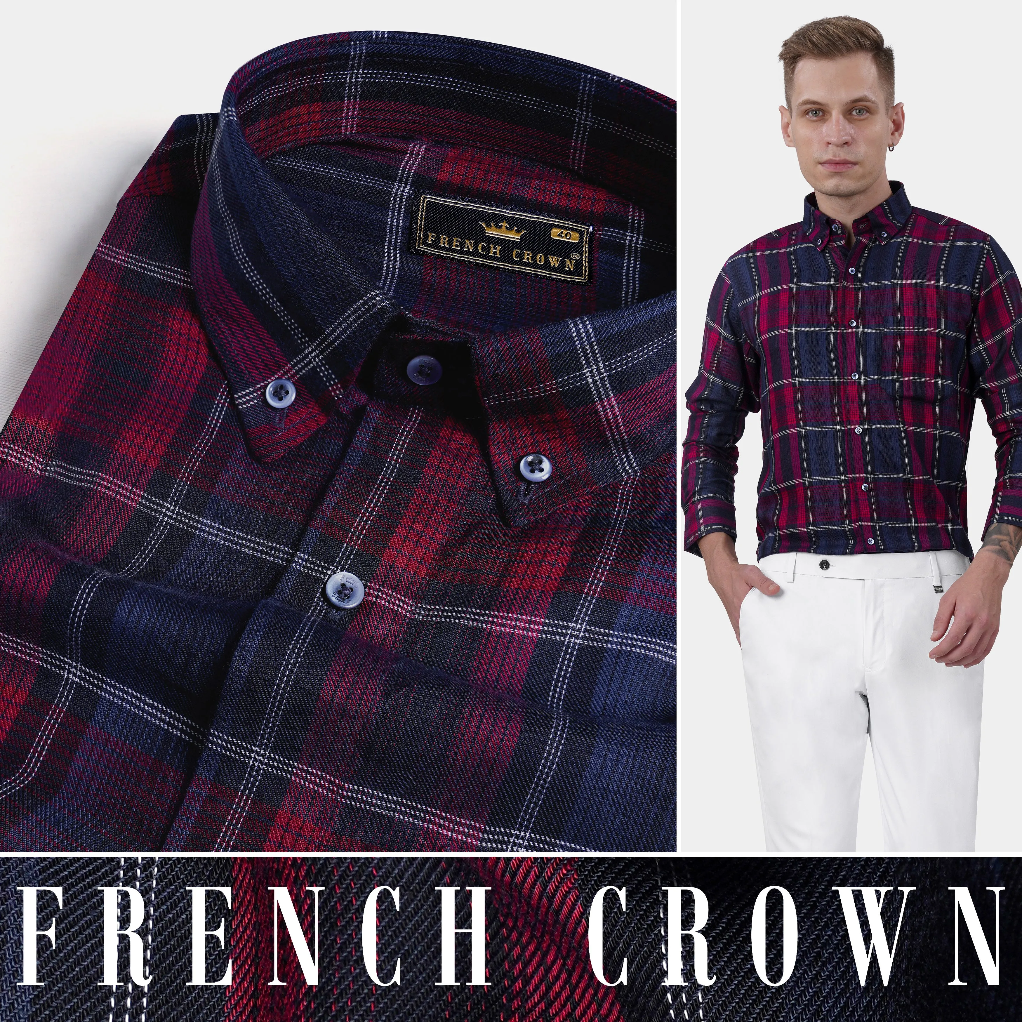 Paprika Red and Cloud Burst Blue Twill Plaid Premium Cotton Shirt sold by French Crown product image thumbnail 5