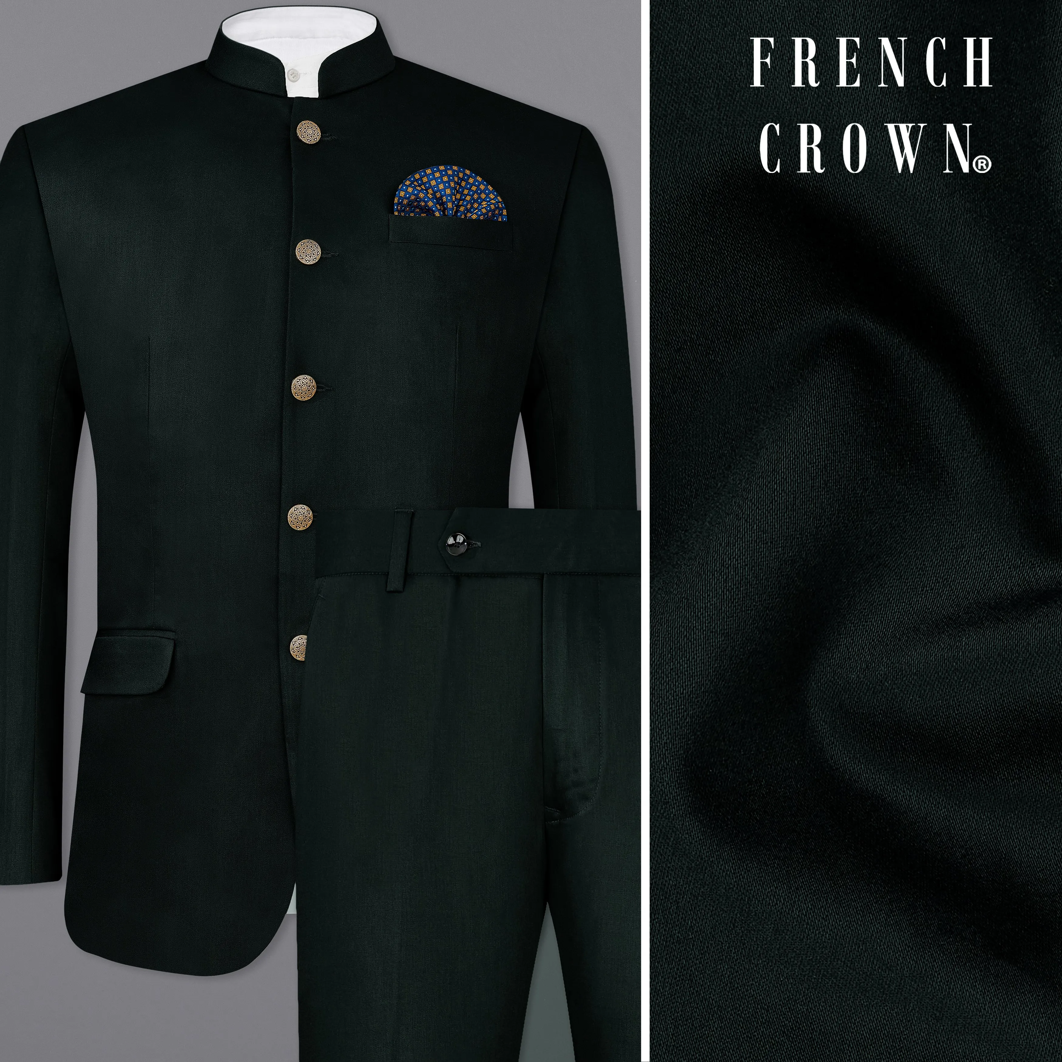 Juniper Green Subtle Sheen Bandhgala/Mandarin Suit sold by French Crown