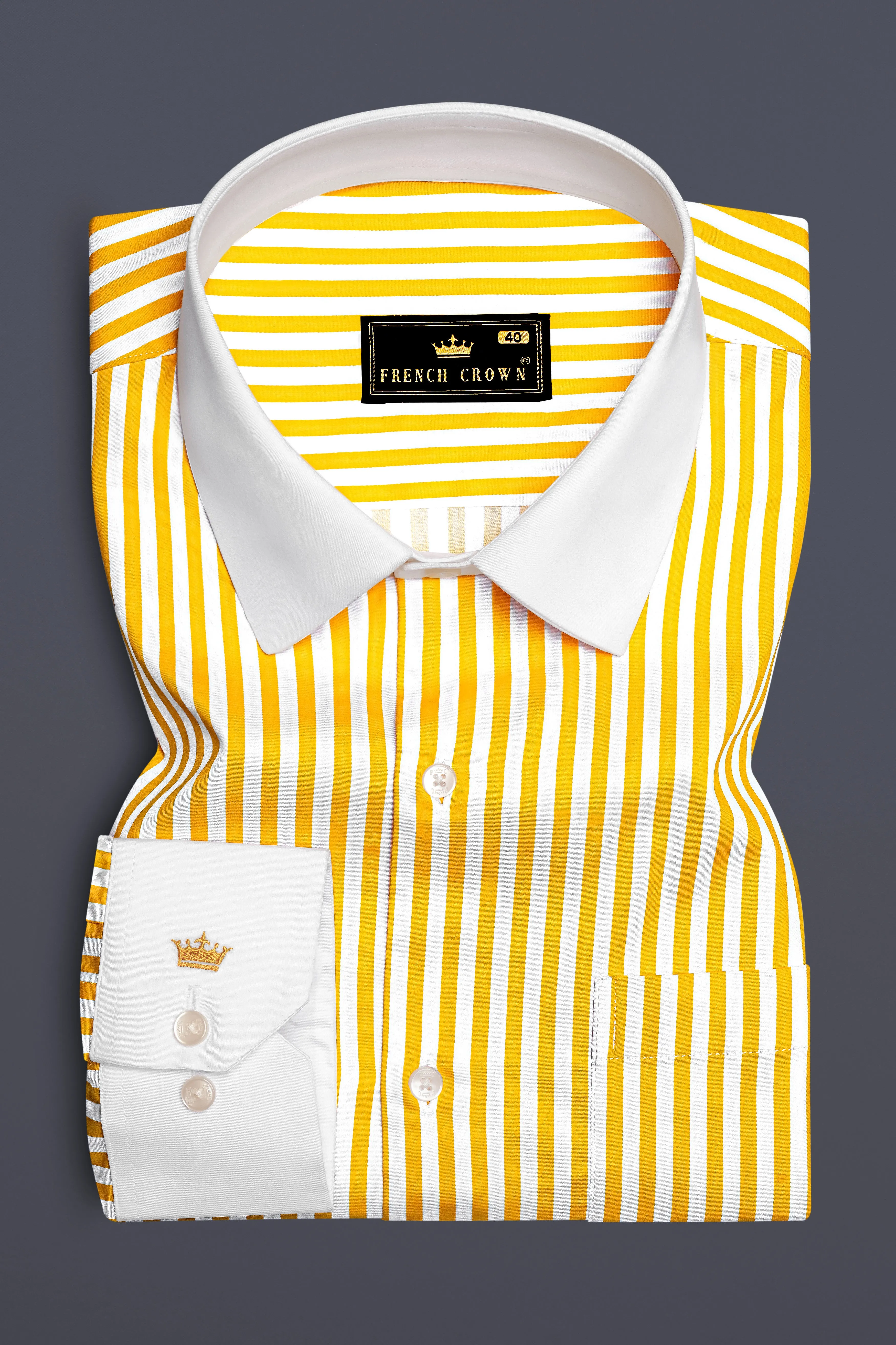 Aurisel-Koromiko Yellow And Bright White Striped Super Soft Premium Cotton Dress White Cuff Collar Shirt sold by French Crown product image thumbnail 2