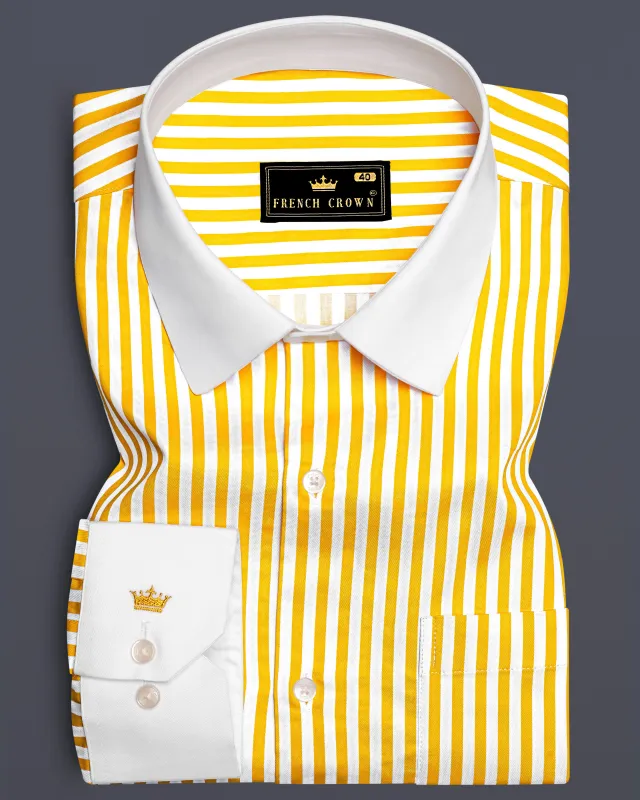 Aurisel-Koromiko Yellow And Bright White Striped Super Soft Premium Cotton Dress White Cuff Collar Shirt sold by French Crown