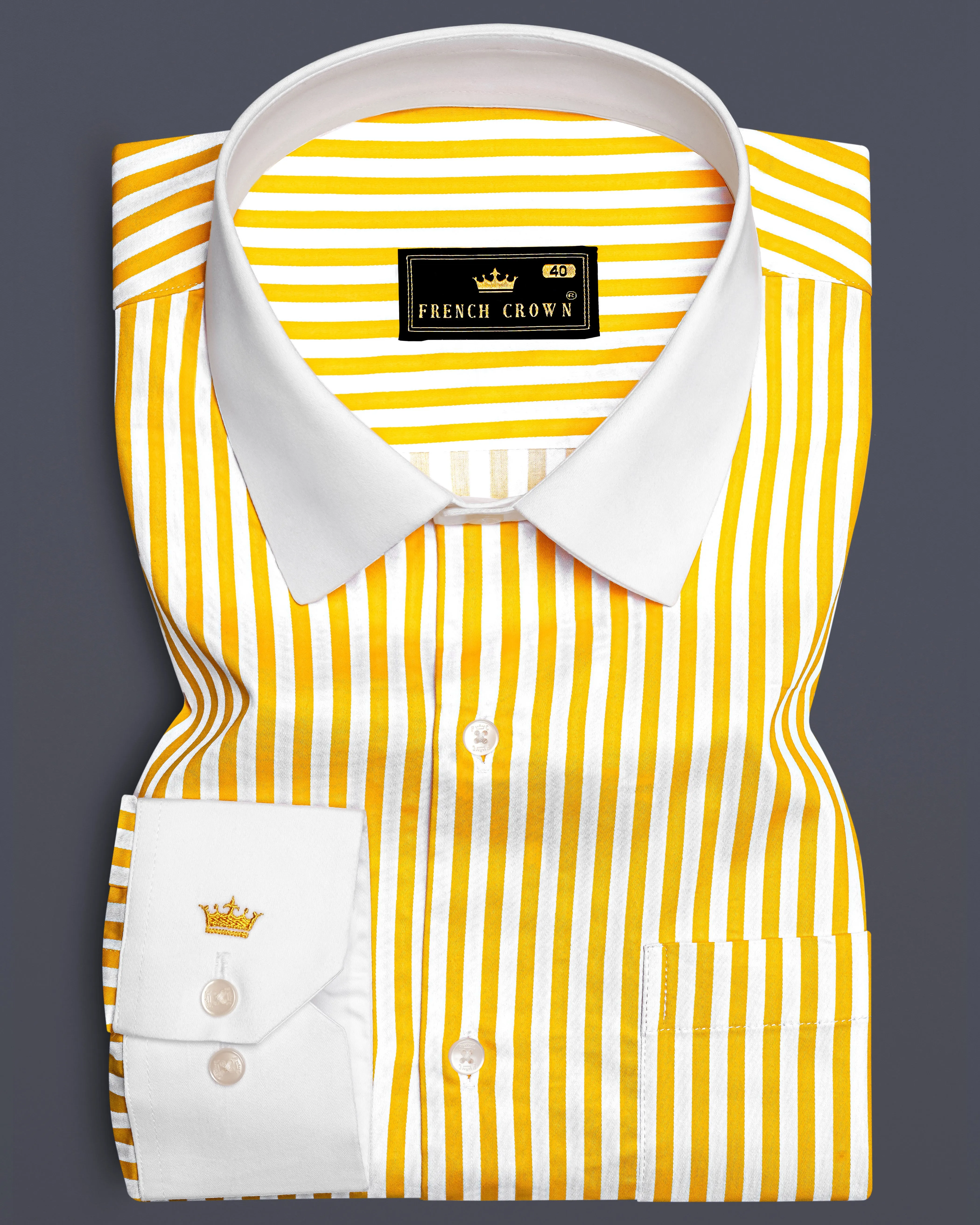 Aurisel-Koromiko Yellow And Bright White Striped Super Soft Premium Cotton Dress White Cuff Collar Shirt sold by French Crown