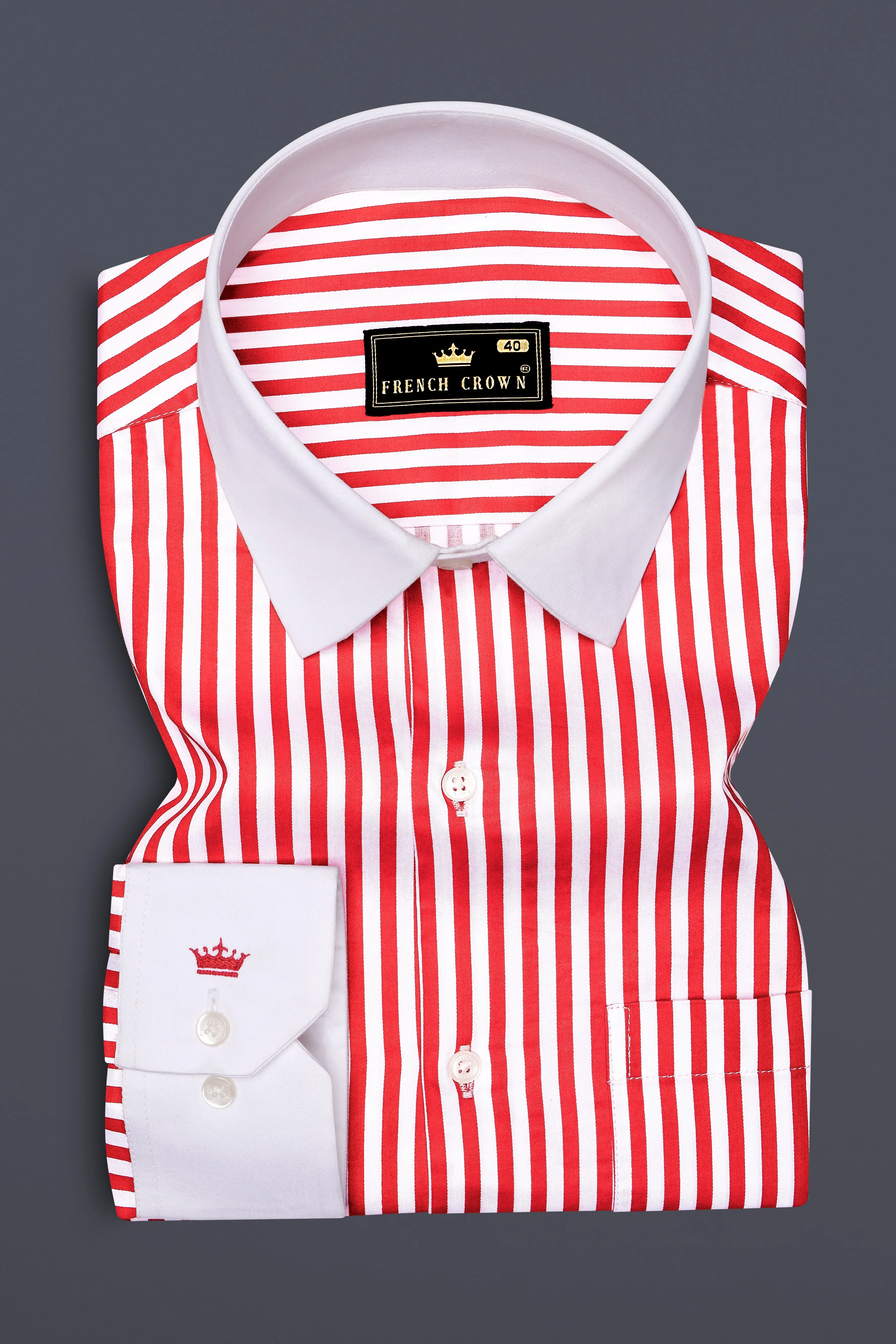 Cuffire-Milano Red And Bright White Striped Super Soft Premium Cotton Dress White Cuff Collar Shirt sold by French Crown product image thumbnail 2
