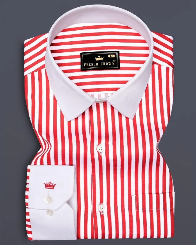 Cuffire-Milano Red And Bright White Striped Super Soft Premium Cotton Dress White Cuff Collar Shirt sold by French Crown