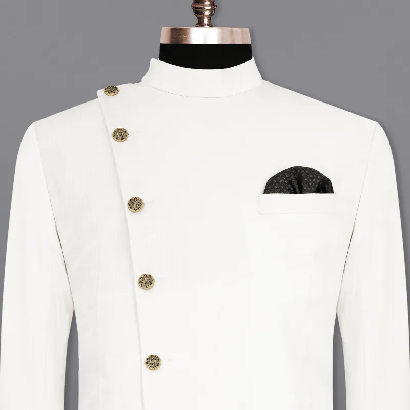 Bright White Cross Placket Bandhgala Premium Cotton Blazer sold by French Crown