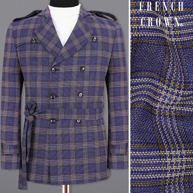 Meteorite Blue with Tide Brown Plaid Double Breasted Designer Blazer sold by French Crown