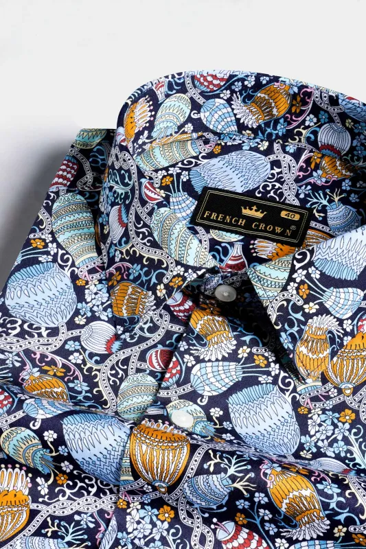 Haiti Blue and Ochre Orange Floral Printed Subtle Sheen Super Soft Premium Cotton Designer Shirt sold by French Crown