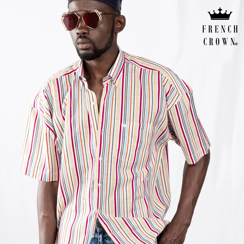 Peach with Debian Pink Multicolour Striped Lightweight Premium Cotton Oversized Shirt sold by French Crown