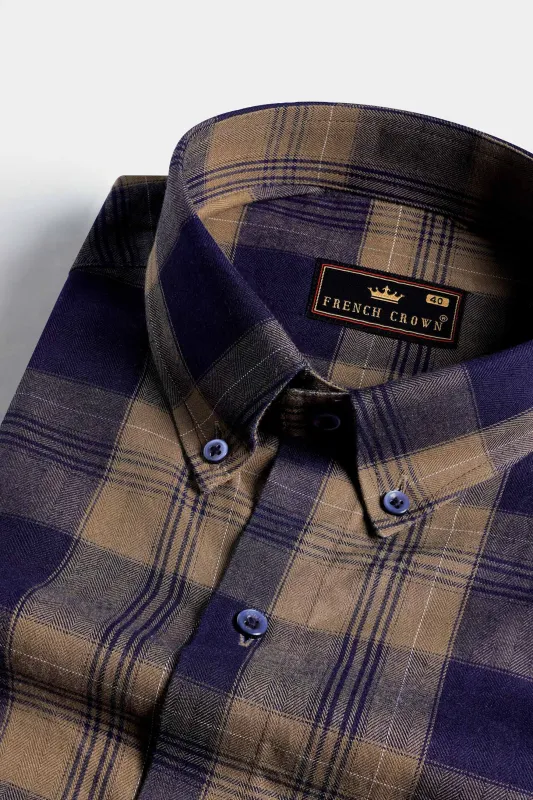 Mocha Brown and Haiti Blue Twill Plaid Premium Cotton Shirt sold by French Crown