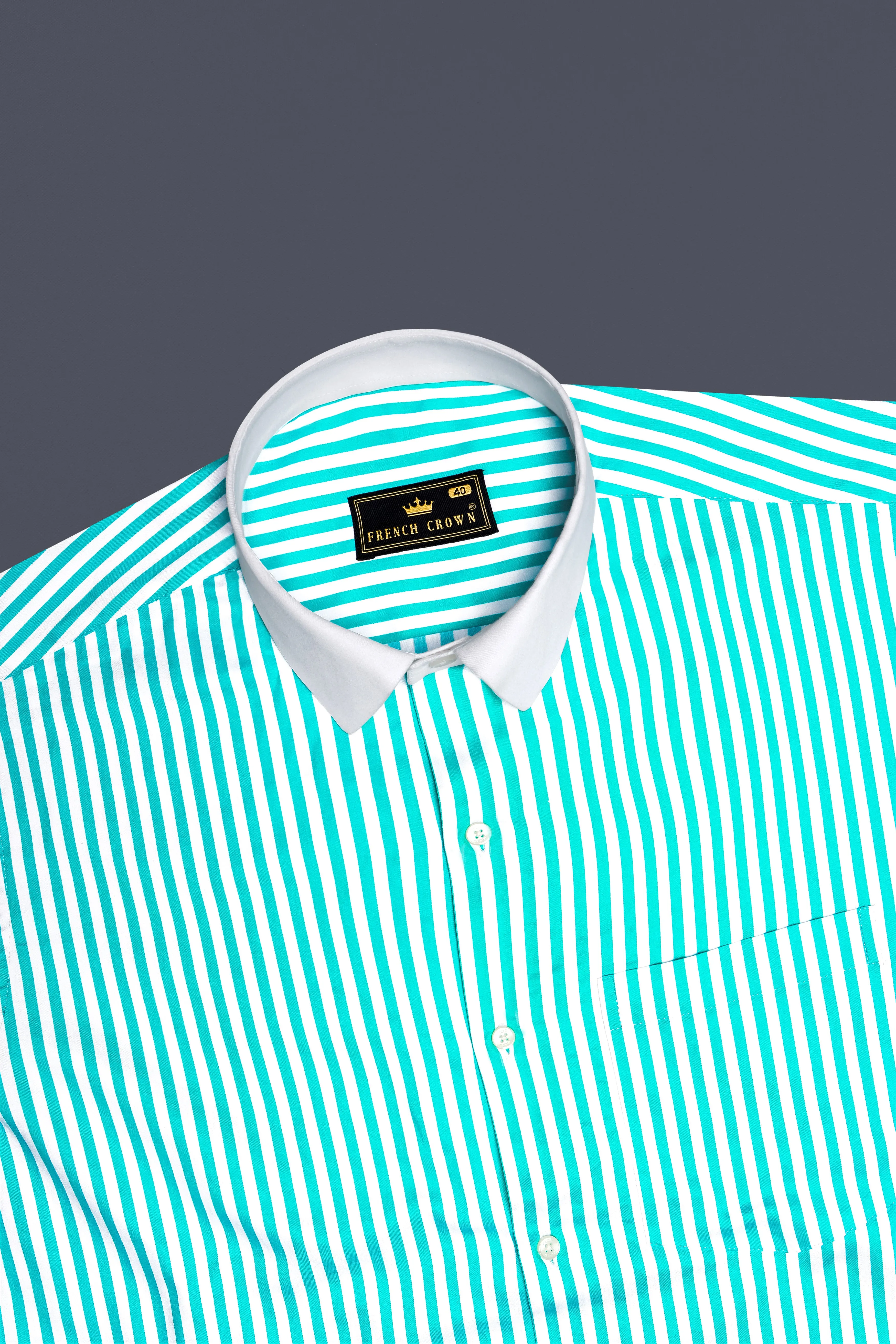 Azurelin-Lochinvar Blue And Bright White Striped Super Soft Premium Cotton Dress White Cuff Collar Shirt sold by French Crown product image thumbnail 5