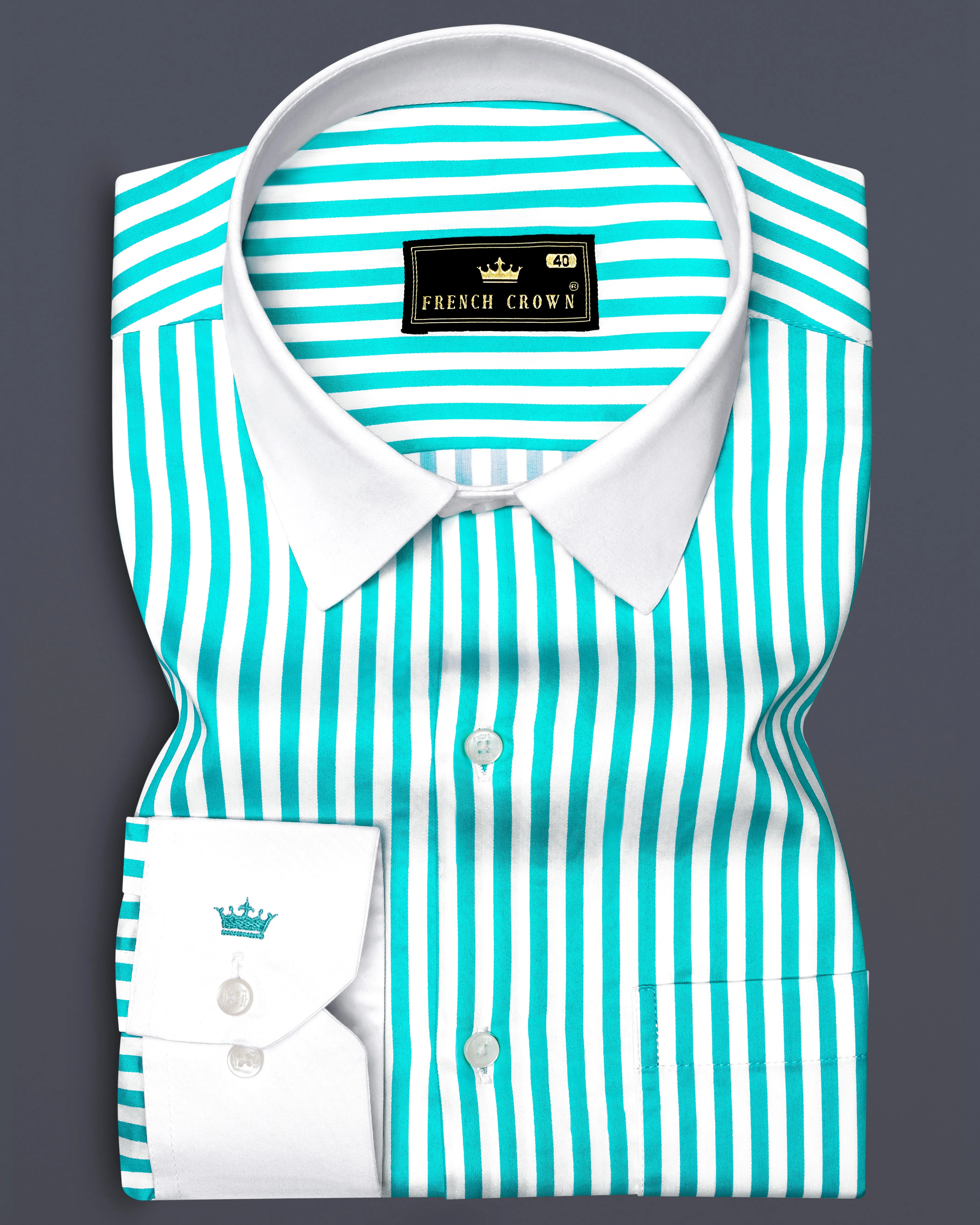 Azurelin-Lochinvar Blue And Bright White Striped Super Soft Premium Cotton Dress White Cuff Collar Shirt sold by French Crown
