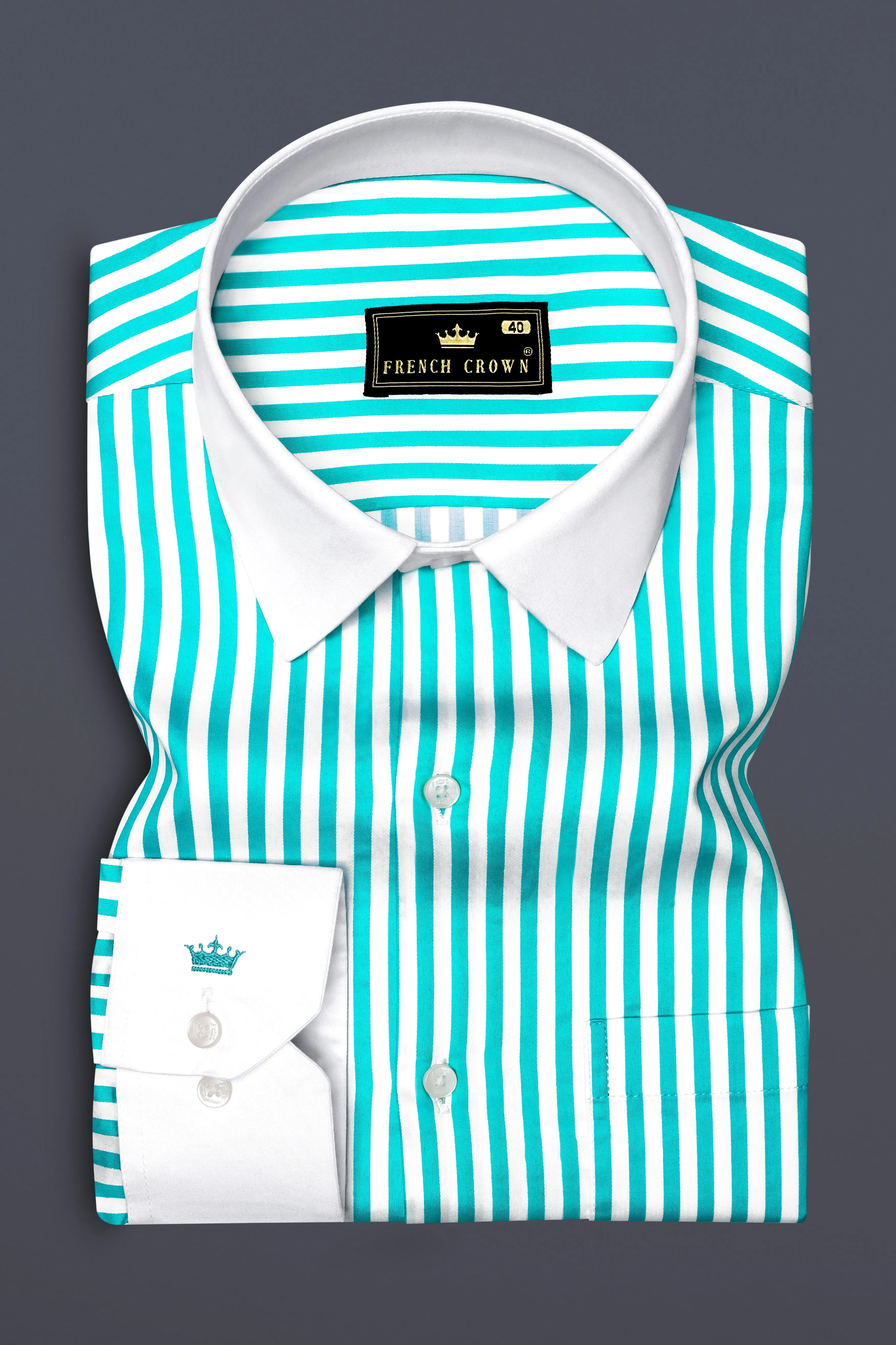 Azurelin-Lochinvar Blue And Bright White Striped Super Soft Premium Cotton Dress White Cuff Collar Shirt sold by French Crown product image thumbnail 2