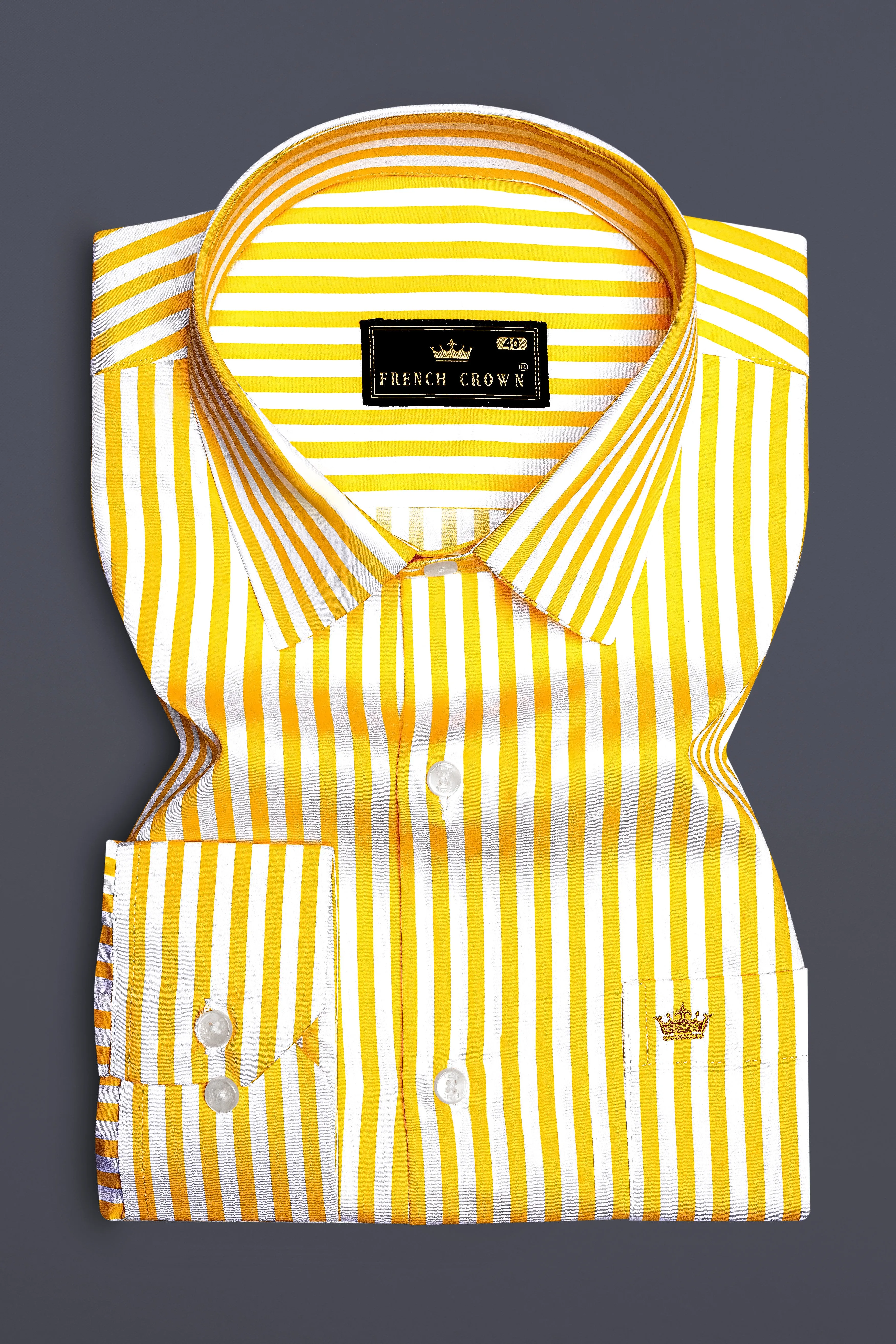 Aurisel-Koromiko Yellow And Bright White Striped Subtle Sheen Super Soft Premium Cotton Dress Shirt sold by French Crown product image thumbnail 4