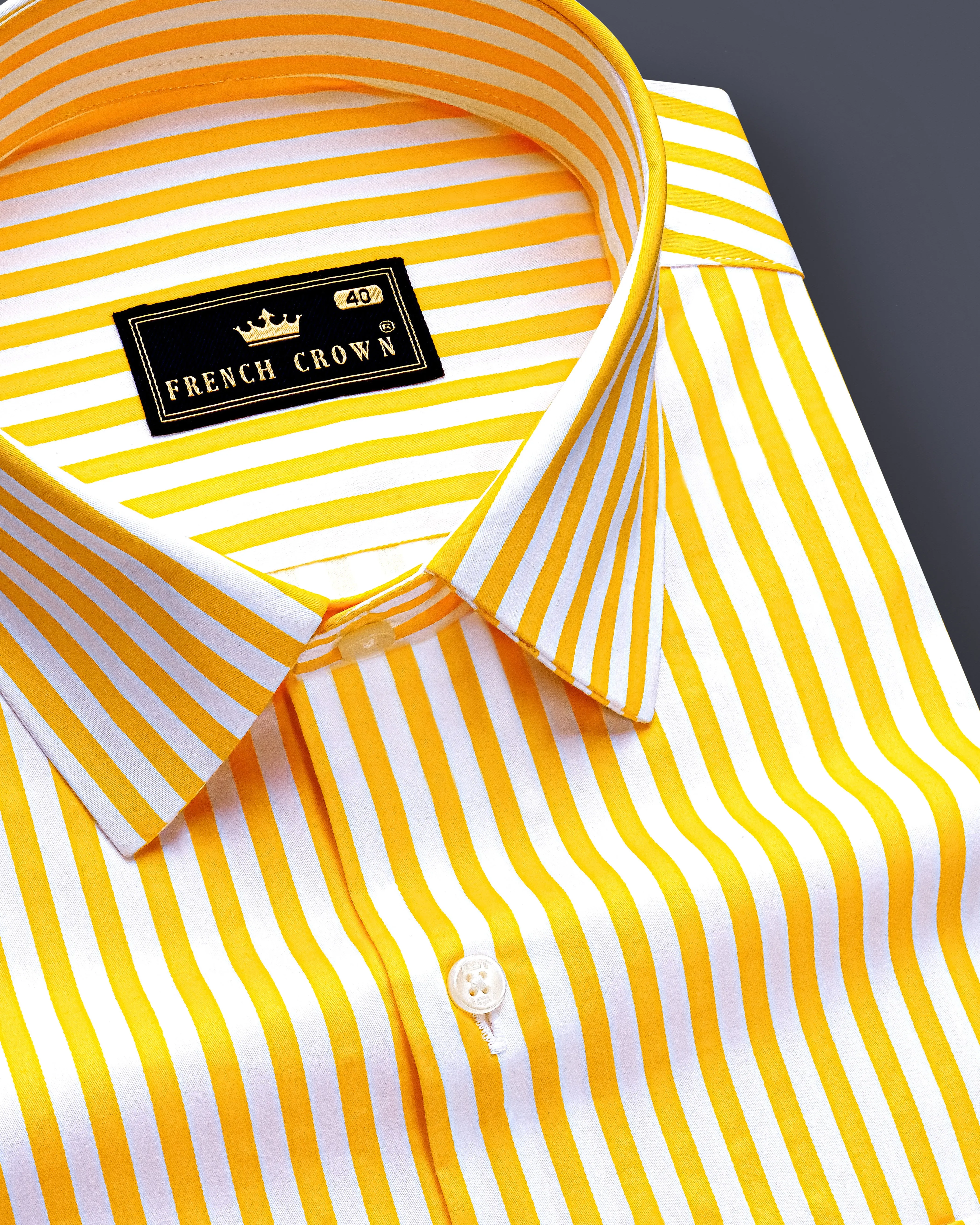 Aurisel-Koromiko Yellow And Bright White Striped Subtle Sheen Super Soft Premium Cotton Dress Shirt sold by French Crown