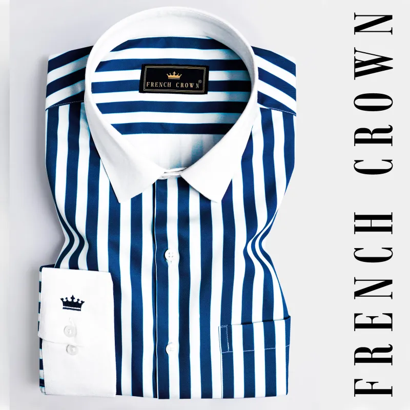 Regal Blue and White Striped Printed with White Cuffs and Collar Subtle Sheen Super Soft Premium Cotton Designer Shirt sold by French Crown