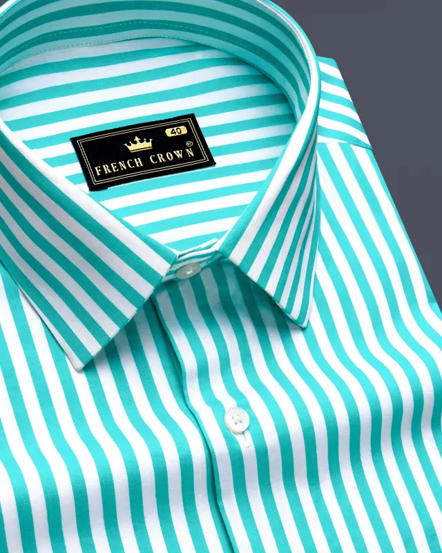 Azurelin-Lochinvar Blue And Bright White Striped Subtle Sheen Super Soft Premium Cotton Dress Shirt sold by French Crown
