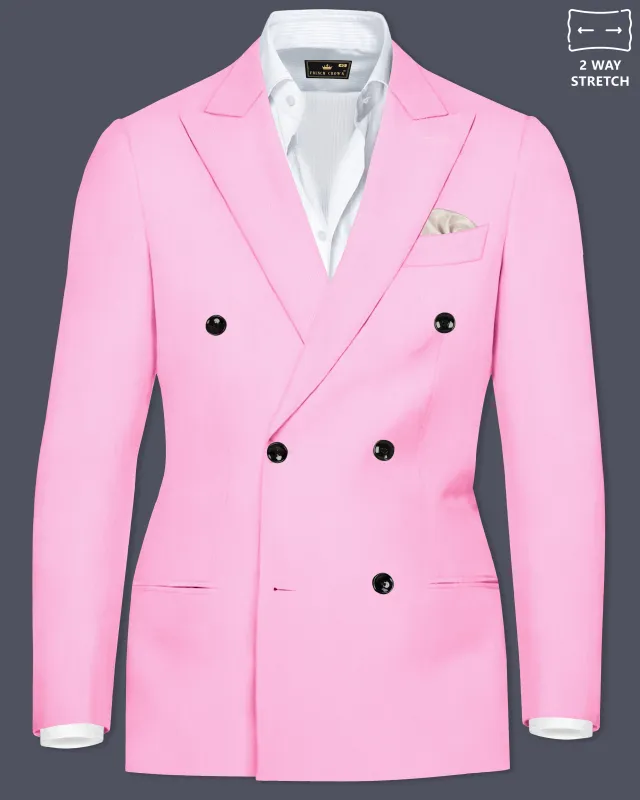 Rosé Reverie-Pestel Pink Solid Wool Rich Double Breasted Slight Stretch Blazer sold by French Crown