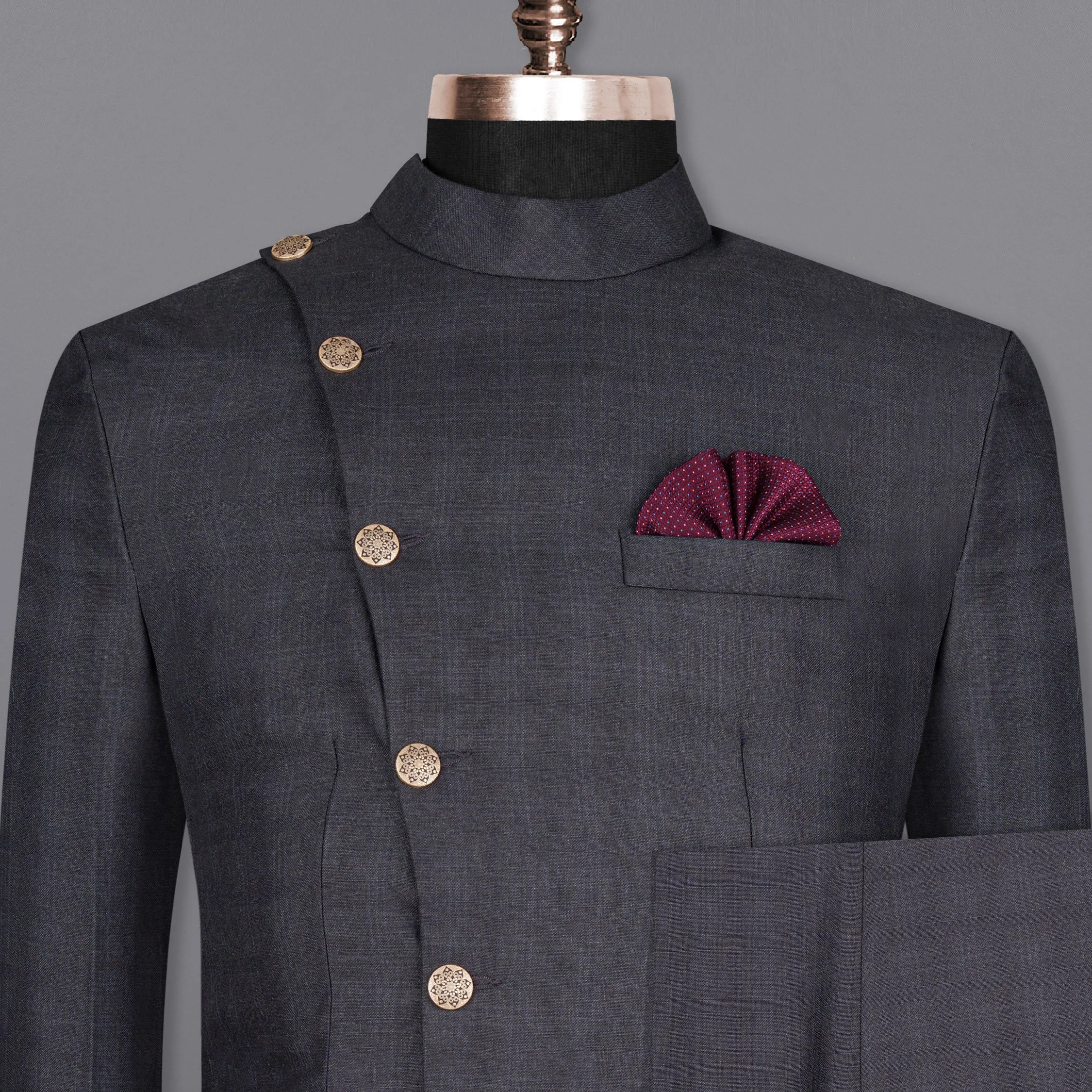 Gravel Grey Subtle Plaid Cross Placket Bandhgala Wool Rich Suit sold by French Crown