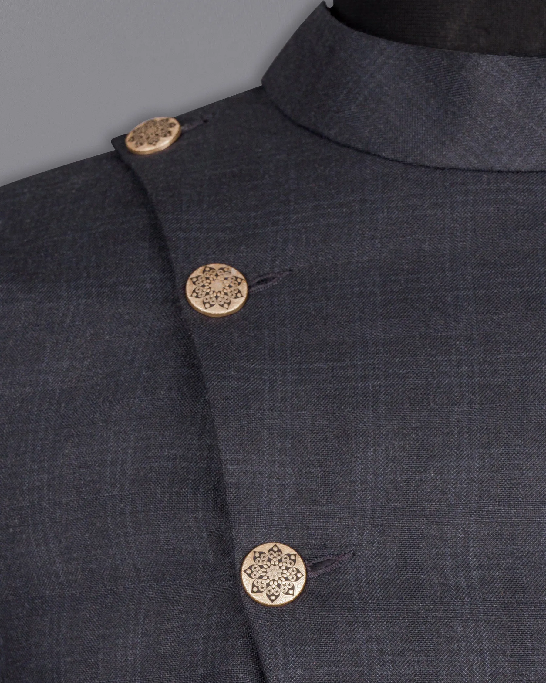 Gravel Grey Subtle Plaid Cross Placket Bandhgala Wool Rich Suit sold by French Crown product image thumbnail 5