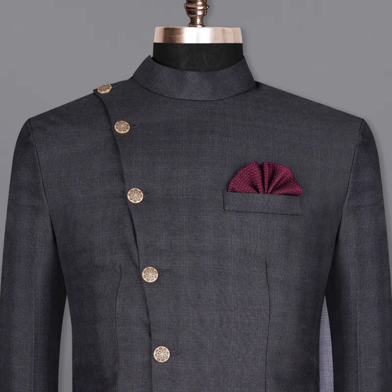 Gravel Grey Subtle Plaid Cross Placket Bandhgala Wool Rich Blazer sold by French Crown