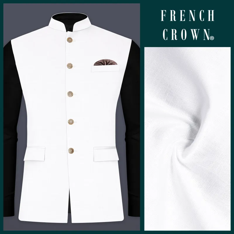Bright White Solid Luxurious Linen Nehru Jacket sold by French Crown